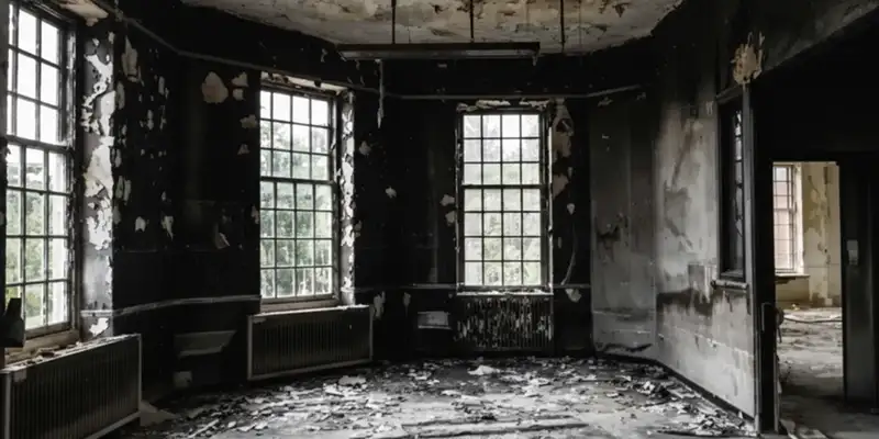 fire damage repair addressing severe interior damage and smoke residue inside a burned home in Tucson, AZ