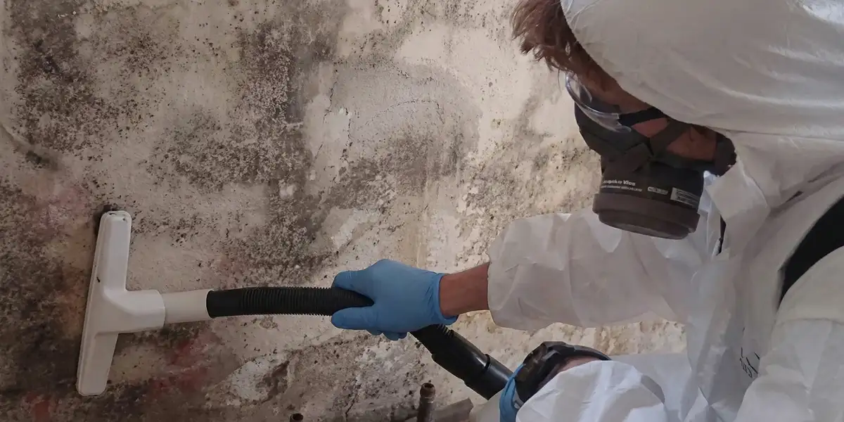 professional mold removal technician wearing protective equipment removing mold from a wall in Tucson, AZ